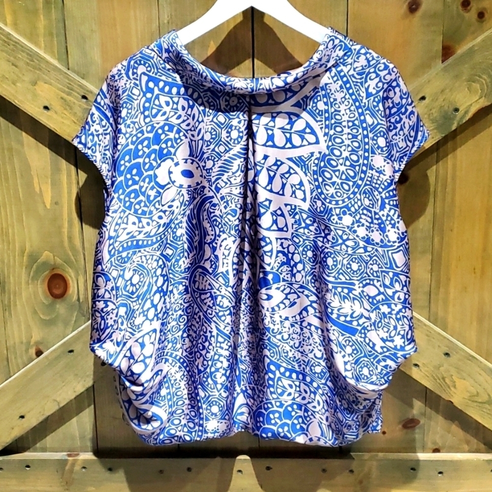 BLUE MIX BLOUSE MARKS & SPENCER LIMITED COLLECTION SIZE 12 INTERIOR LINED PLEATS
